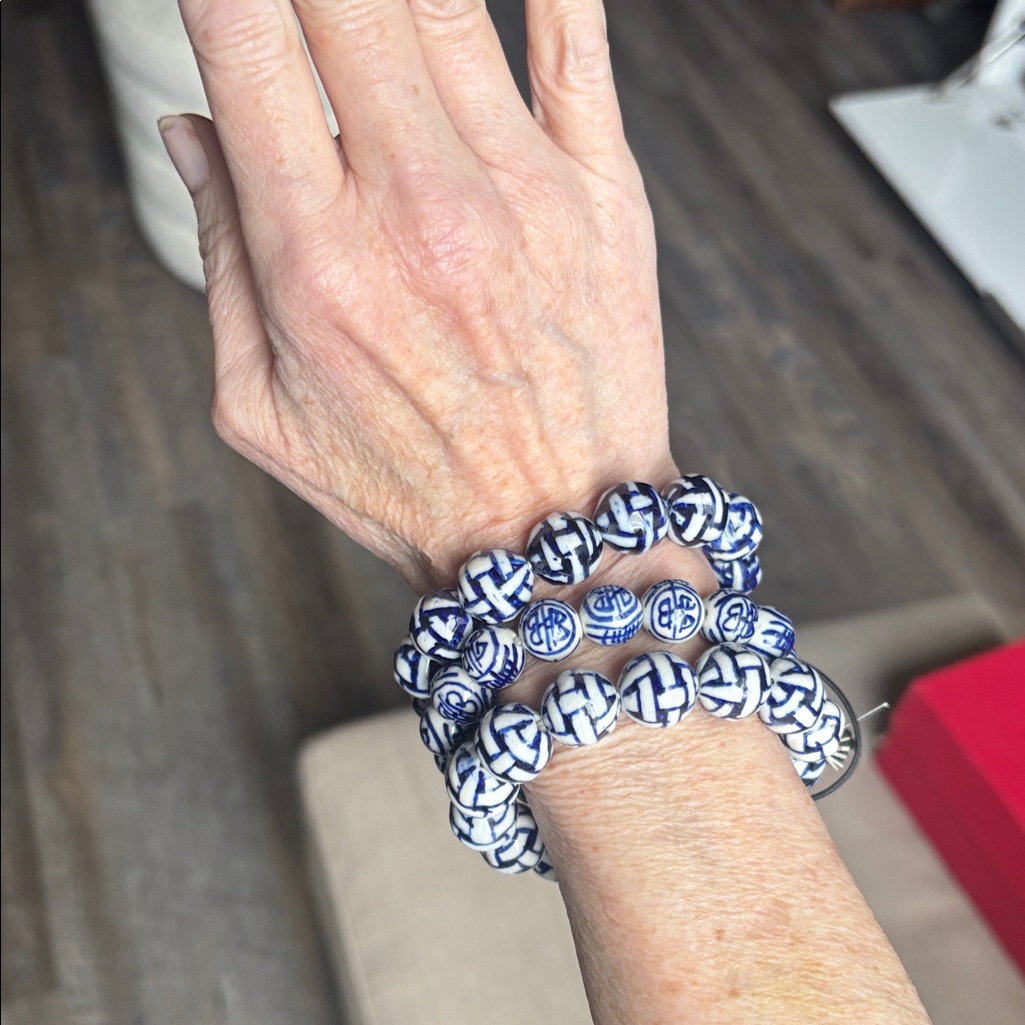 White Blue Chinese Handpainted Porcelain Bead Longevity Stretch Bracelet - Nwt